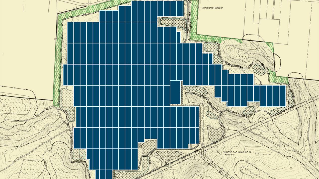 Solar site layout in blue with topographic elements in cream and green created by Tetra Tech renewable energy engineers