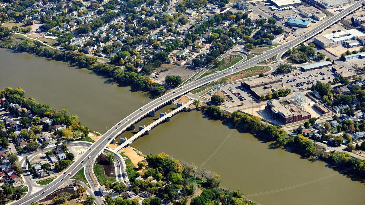 Aerial view of Disraeli Bridges in Winnipeg, Canada, where Tetra Tech supported the replacement of two major structures