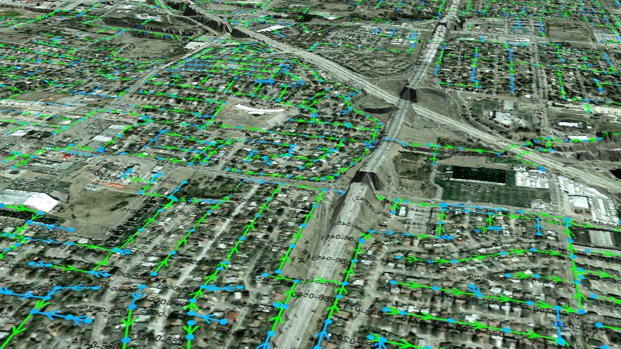 城市下方实时控制供水系统的三维鸟瞰图