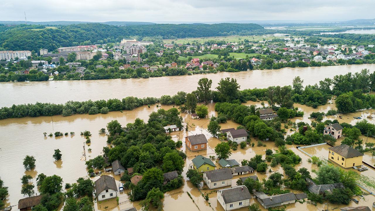 Aerial view of flooded homes
