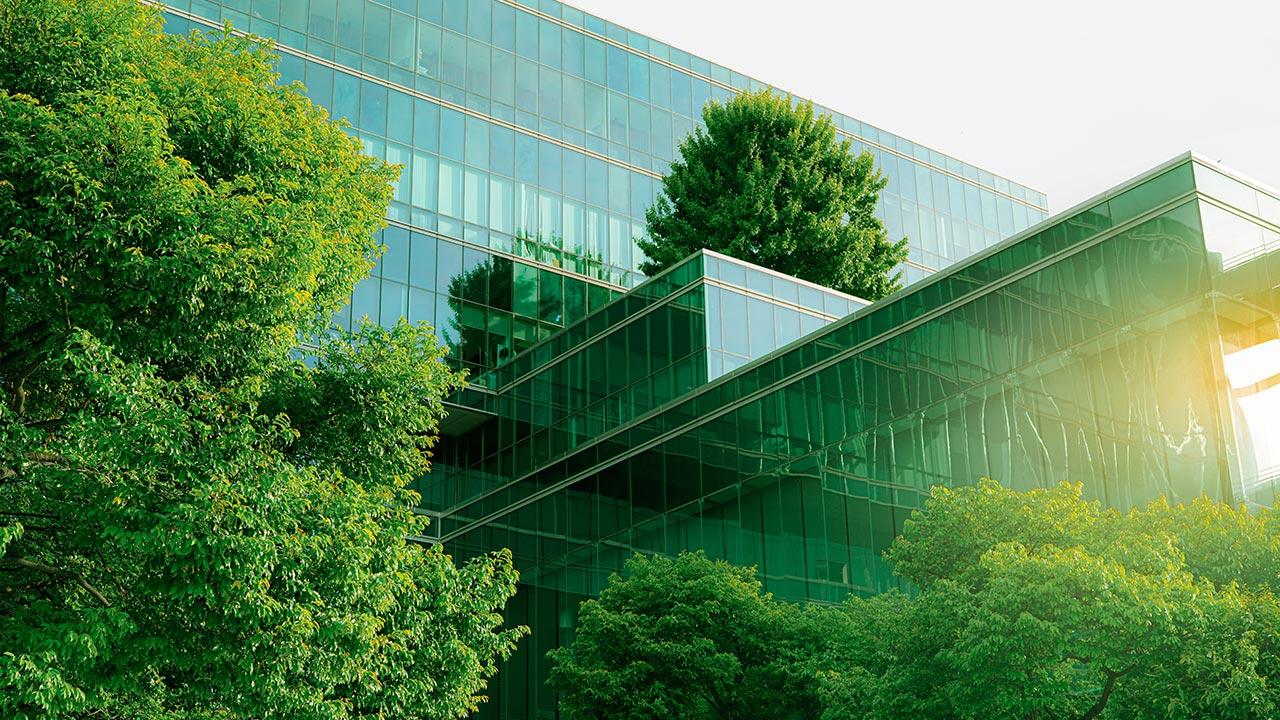 Sustainable glass office building with trees for reducing carbon dioxide