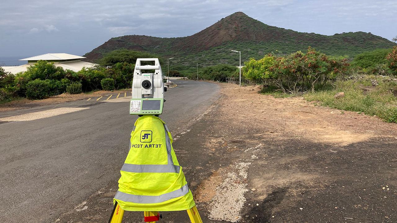 Topographical survey equipment at Ascension Is土地 where Tetra Tech carried out site assessments