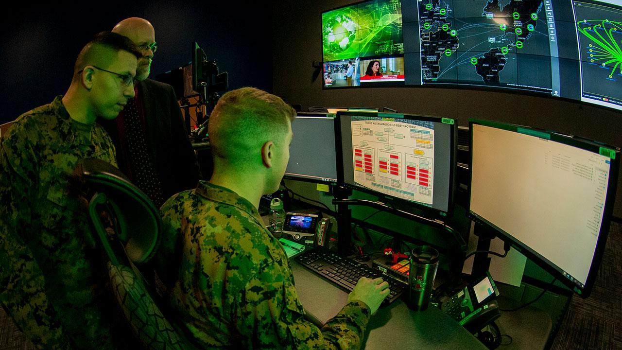 Marines with Marine Corps Forces Cyberspace Command in the cyber operations center in Lasswell Hall at Fort Meade, Md.