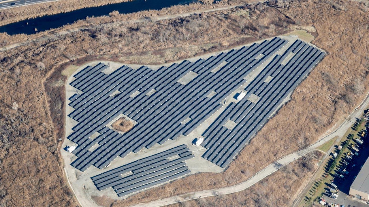 Aerial view of solar panels on a landfill